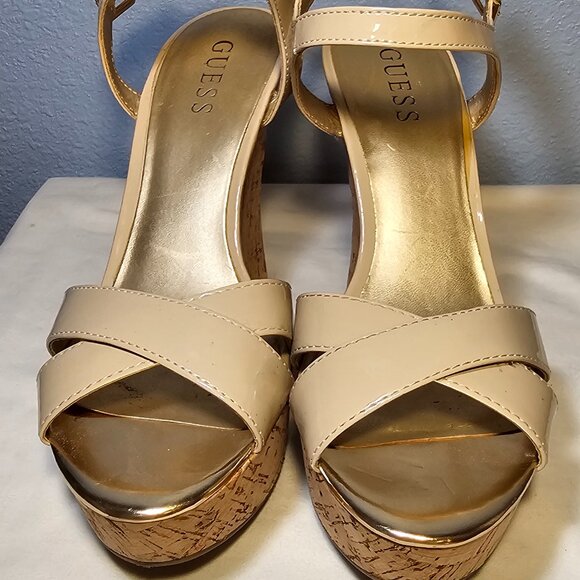 GUESS Tan Patent Leather Platform Cork Sandals - Picture 7 of 12